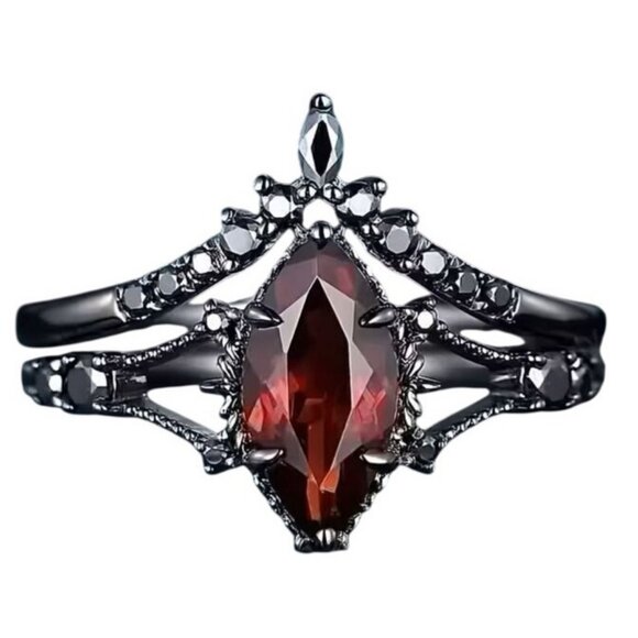 2 piece Marquise Cut Ruby and Moissanite Engagement Wedding Ring Set in Rhodium - Picture 1 of 5